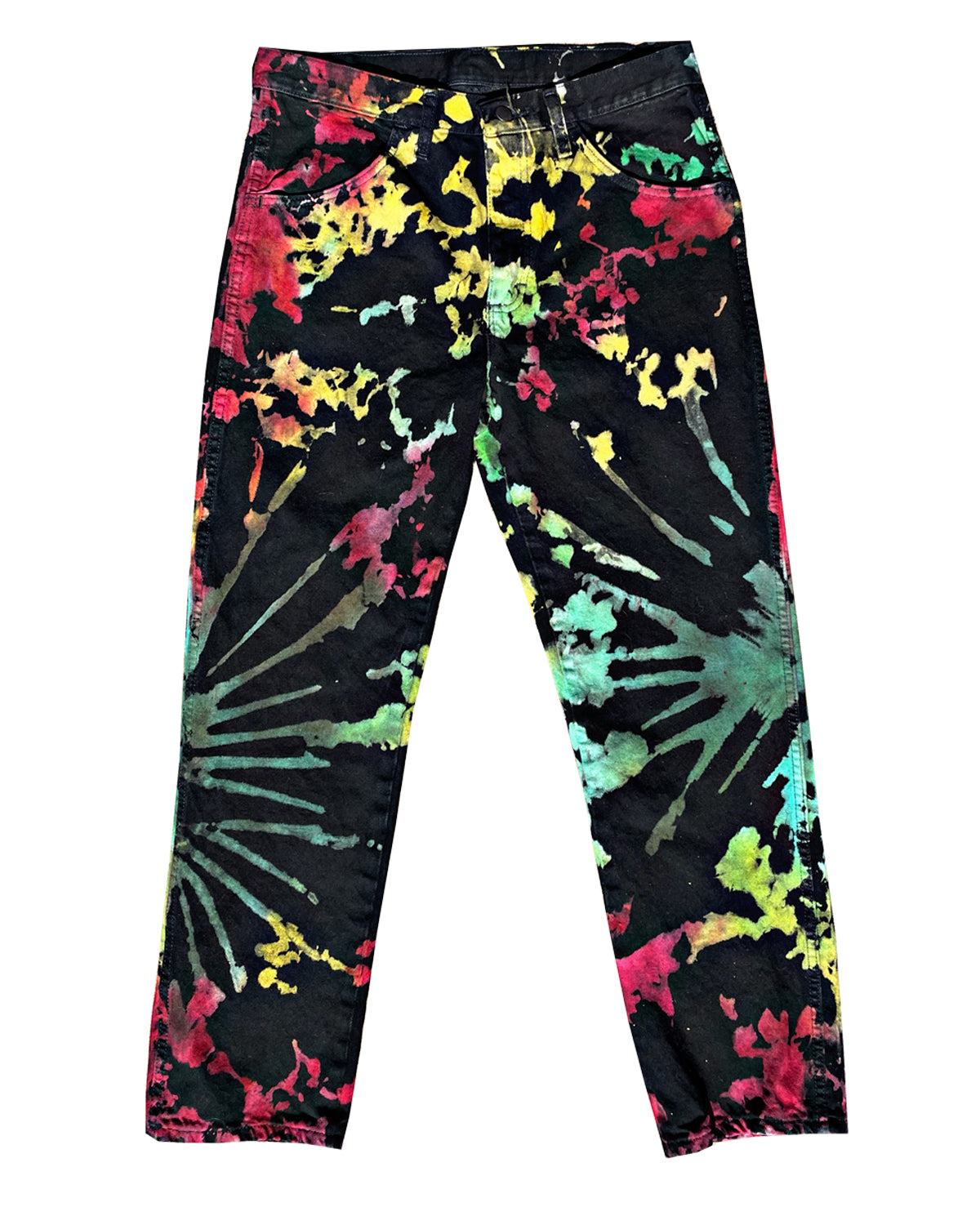 Black Tie Dye Denim Pants (Splotch Rays Red Yellow Green)
