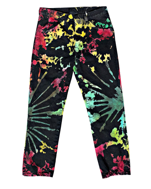 Black Tie Dye Denim Pants (Splotch Rays Red Yellow Green)
