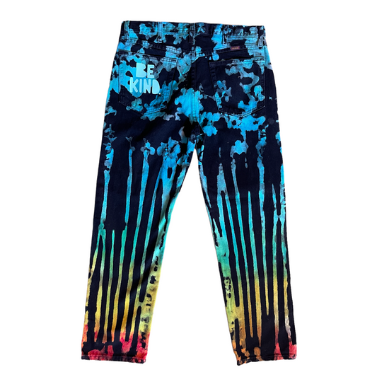 Black Tie Dye Denim Pants (Splotch/Stripes Turquoise, Green, Yellow, and Orange)