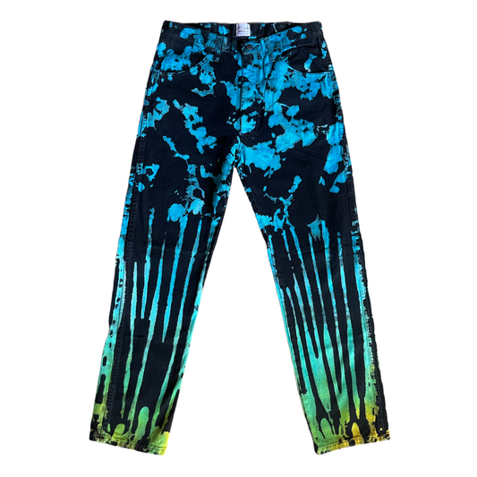 Black Tie Dye Denim Pants (Splotch/Stripes Turqouise, Green, and Yellow)