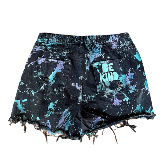Be Kind Tie Dye Shorts (Black on Purple and Blue)